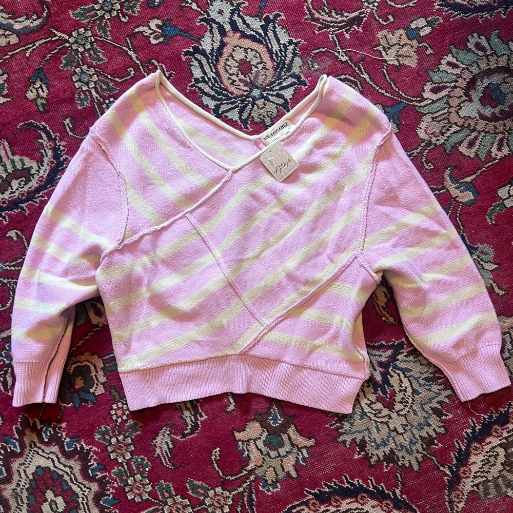 FP Movement by Free People Pink and Cream V-Neck Sweater